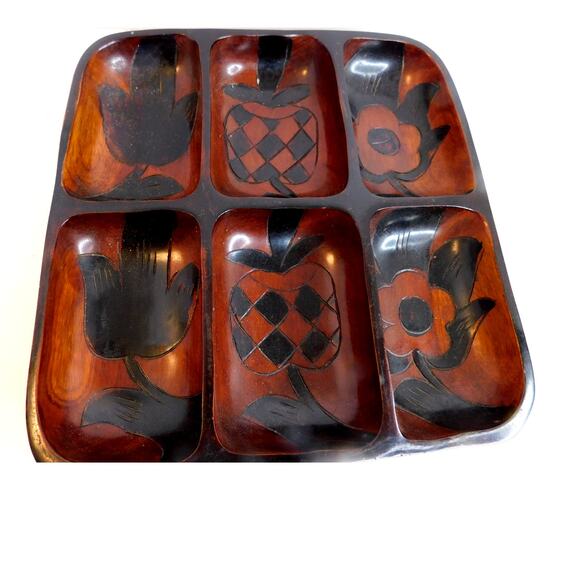 Unbranded Other - Vtg Hand Carved Polynesian Monkey Pod Wooden 6 Section Appetizer Snack Tray